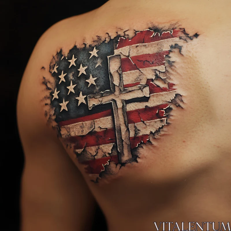 Distressed USA Flag and Cross Back Tattoo