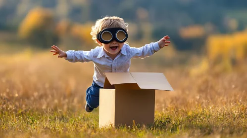 Innocent Joy: Child Soaring from Cardboard Box