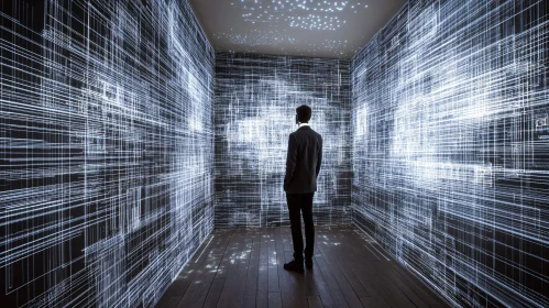 Man in Futuristic Virtual Reality Room