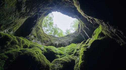 Underground Cave with Green Moss and Sunlight