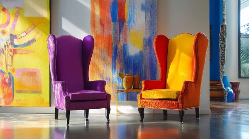 Vibrant Armchairs with Artistic Backdrops