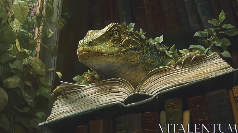 Whimsical Dragon in Library Scene AI Image