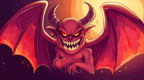 Red Cartoon Demon with Wings and Horns