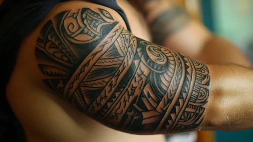 Detailed Traditional Black-Ink Tribal Tattoo on Arm