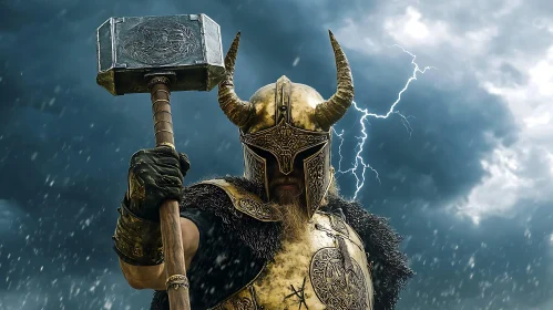 Armored Warrior with Hammer in Storm