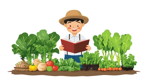 Illustration of Boy Gardening and Reading