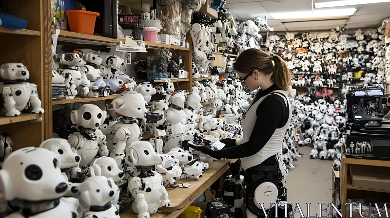 Woman Inspects Robot Toys in Workshop