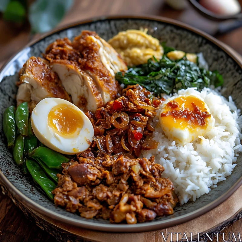 Mixed Dish Bowl with Rice, Chicken, Vegetables, and Egg AI Image