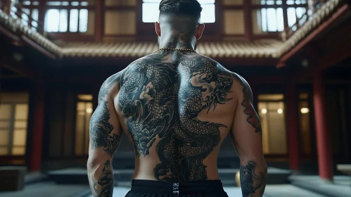Dragon Tattoo on Man's Back in Traditional Courtyard