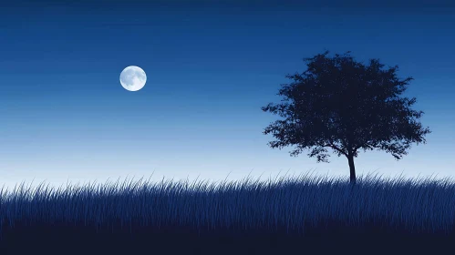 Night Scene with Moon and Tree