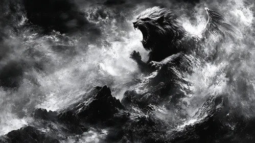 Monochrome Winged Beast on Rocky Peak