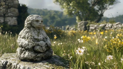 Weathered Statue in Field of Flowers