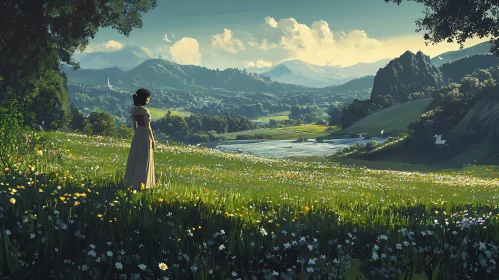 Floral Meadow View with Woman
