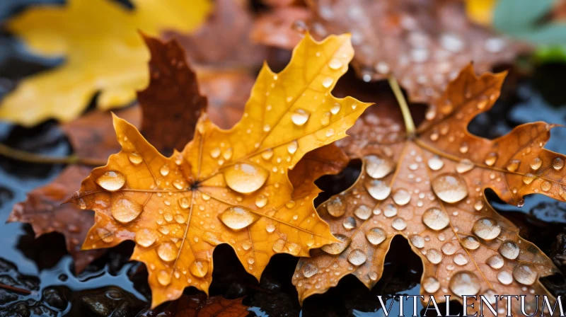 Autumn Leaves with Water Droplets - A Meticulous Still Life AI Image