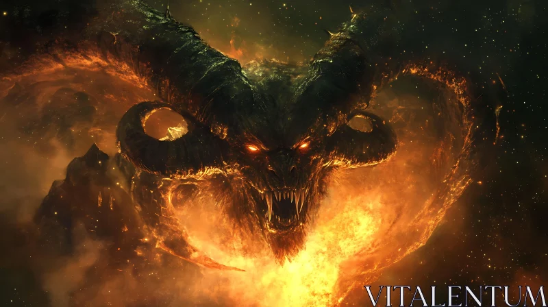 Fiery Demon with Horns in Smoky Abyss