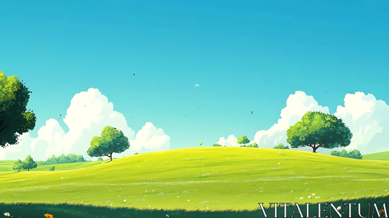 Scenic Field with Trees and Blue Sky