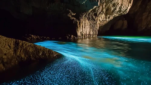Luminous Cave with Glowing Blue Water