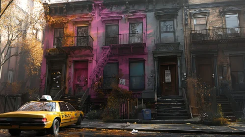 Urban Street Scene with Colorful Building