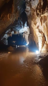 Enigmatic Underground Cave with Illuminated Stalactites