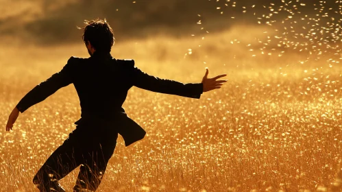 Man Running Golden Field