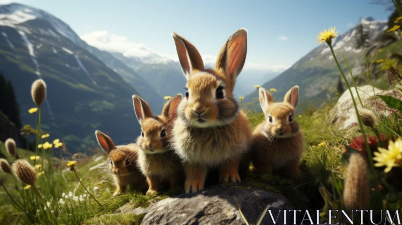 Charming Bunnies Gazing at Majestic Mountains AI Image