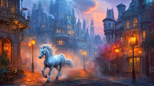 Twilight Gallop: Horse in Urban Dreamscape