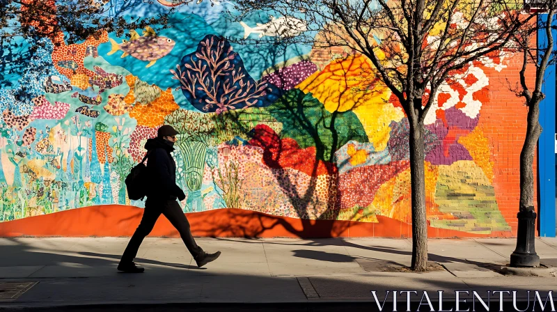 City Street with Colorful Mural and Pedestrian