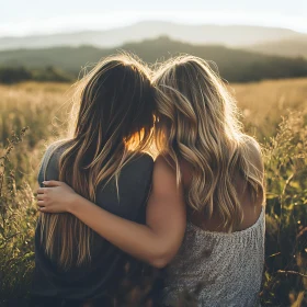 Two Friends Embracing at Sunset