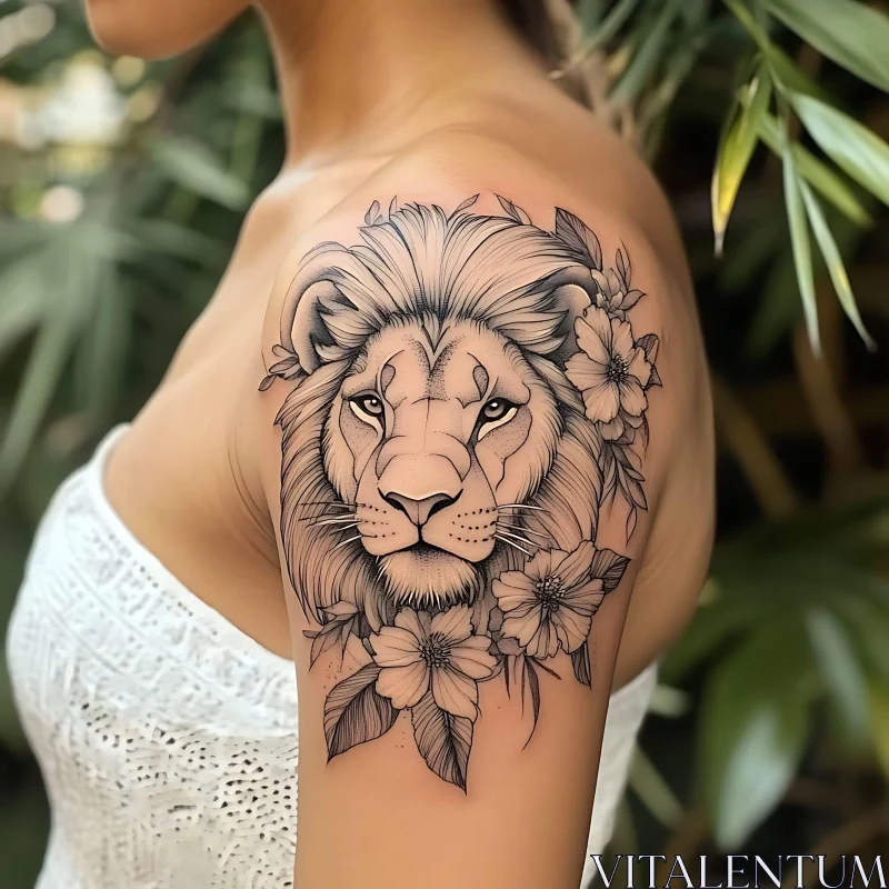 Detailed Black Ink Lion Tattoo on Shoulder AI Image