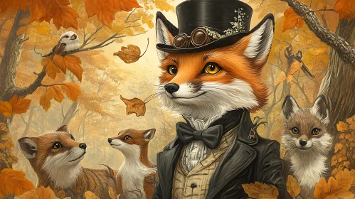 Foxes in Autumnal Forest with Steampunk Theme