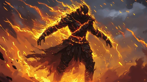 Armored Figure in Burning Inferno