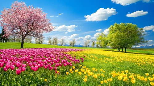 Colorful Tulips Field with Blossom Tree