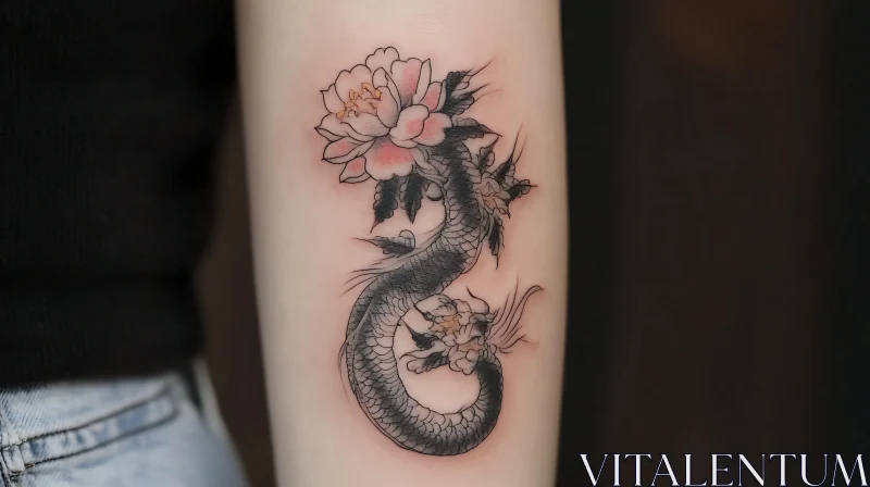 Black Dragon and Pink Flower Tattoo AI Image