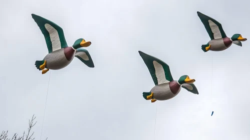 Floating Duck Balloons Against Cloudy Sky