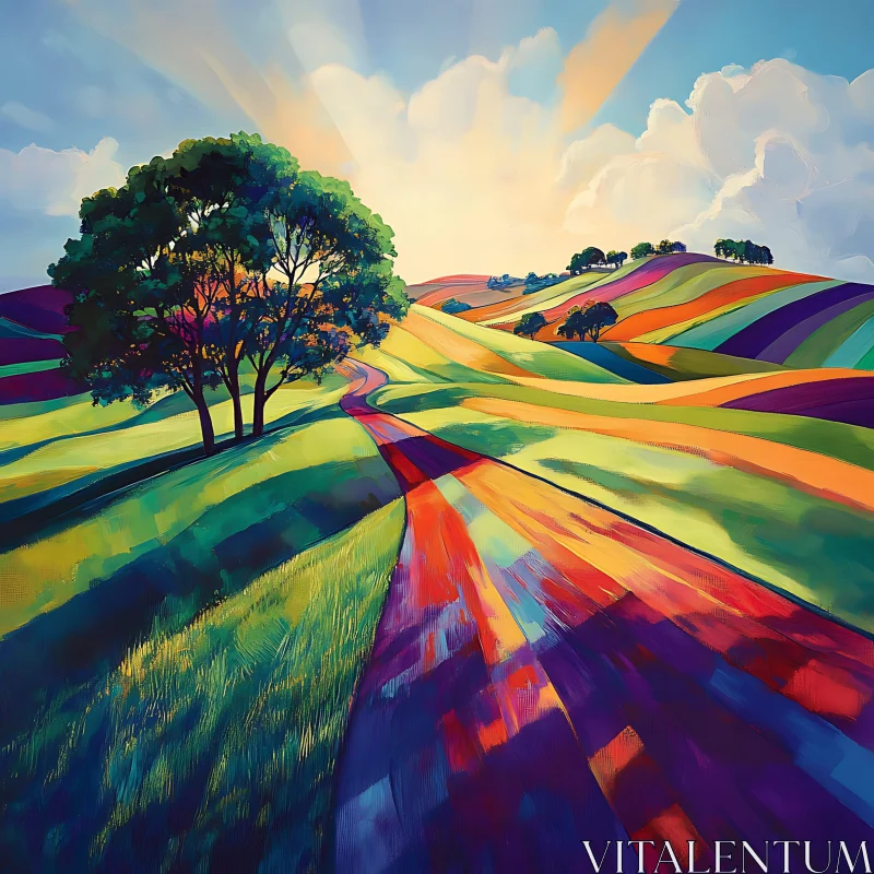 Vibrant Landscape with Striped Hills and Path
