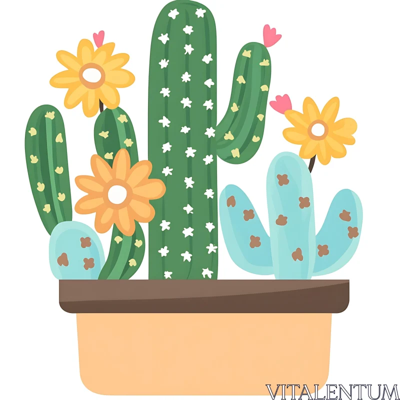 Cartoon Cactus with Flowers in Pot