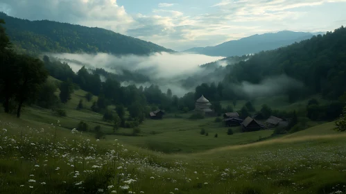 Foggy Mountain Village Green Landscape