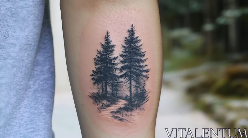 Detailed Pine Trees Tattoo with Path on Arm