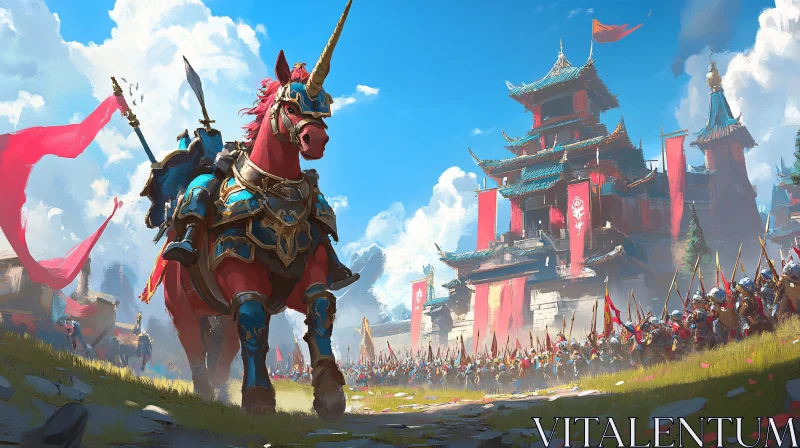 Armored Unicorn Leading Troops to Battle