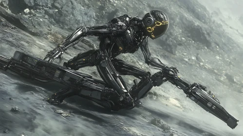 Futuristic Cyborg Warrior in a Desolate Terrain