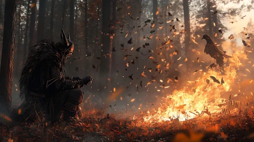 Horned Figure by a Forest Bonfire