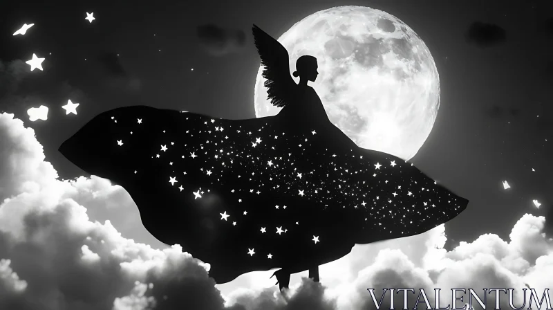 Monochrome Angel with Moon and Stars