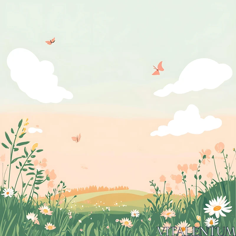 AI ART Peaceful Field with Butterflies