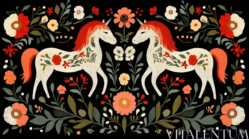 Symmetrical Unicorns with Floral Embroidery Design