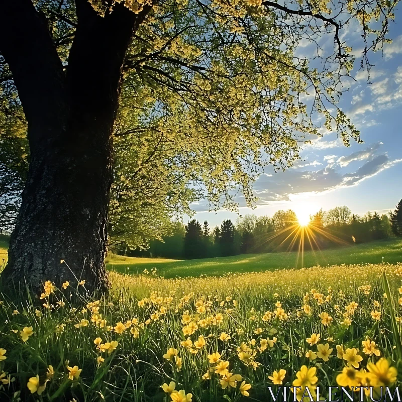 AI ART Spring Meadow with Yellow Flowers and Sun