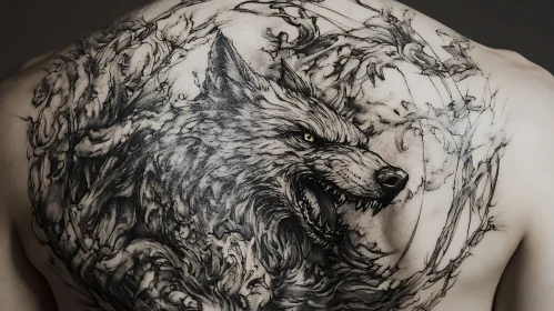 Detailed Wolf Back Tattoo