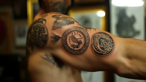 Detailed Circular Tattoos Featuring Bird and Dragon