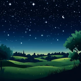 Night Landscape with Moon and Stars