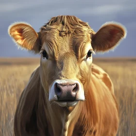 Tan Cow Close-Up in Grassy Field