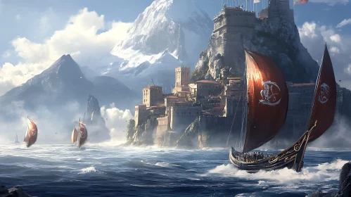 Maritime Castle Scene with Sailing Vessels